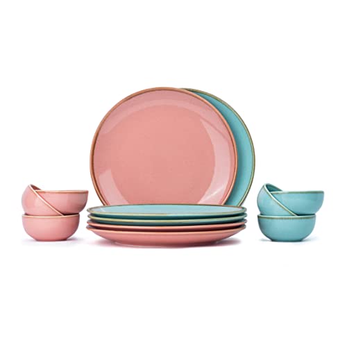 Shay Ceramic Dinner Plate Set, 12 Pcs, Pink & Blue | Shay Sprinkle Series | Crockery Set for Dining Table | Dining Sets Crockery Items | Glossy Finish | Premium Porcelain (Sprinkle, 12 Pieces)