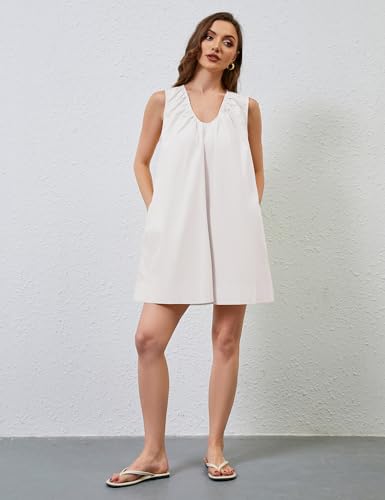 Image of OLAPTA Women Summer Sleeveless Babydoll Mini Tank Dresses Loose Fit Scoop Neck Ruched Short Dress with Pockets Party Clubwear