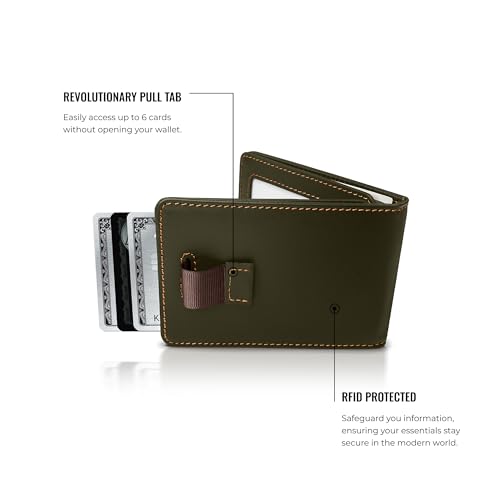 Image of Kings Loot Wallet for Men | Minimalist Slim RFID Blocking Leather Design with Cash Pocket & Card Pull Strap | Holds 1-12 Cards | Stylish & Durable Wallets (Sage)