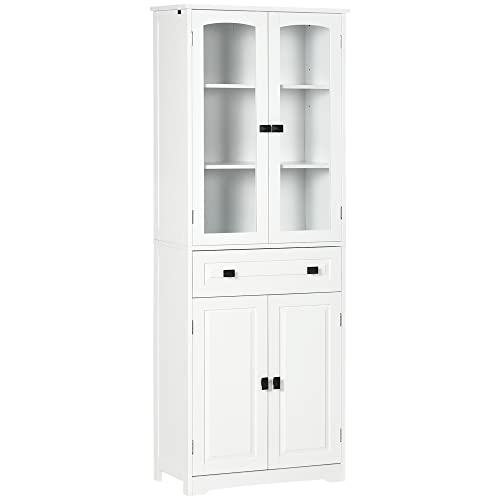 HOMCOM Armoire de Cuisine Buffet Haut 4 Portes Dont 2 Portes vitrées et 1 tiroir Hauteur 160 cm avec étagères - en Bois - Blanc