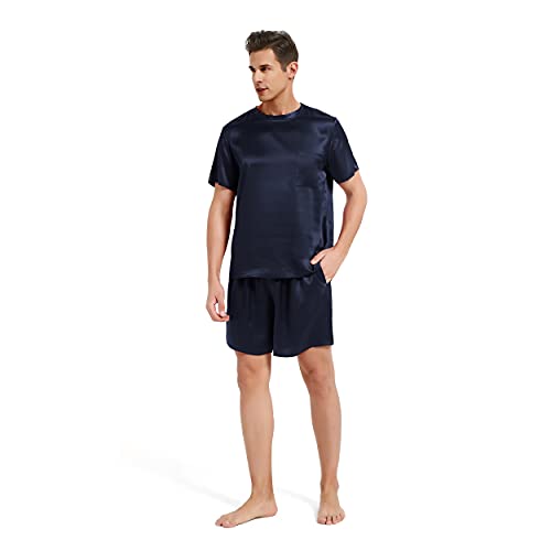 Mommesilk Silk Pajamas Shorts Set for Men 100% Pure Real Mulberry 19 Momme Silk Sleepwear Sleep Nightwear Cool Summer Soft