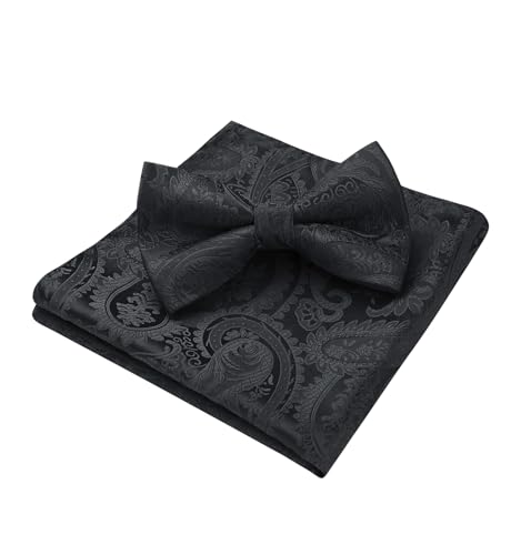 HISDERN Men's Solid Color Pre-tied Bow Tie Adjustable Tuxedo Two Layer Bow Tie and Pocket Square Set with Gift Box