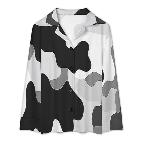 Pyjama à manches longues haut boutonné noir et blanc imprimé géométrique