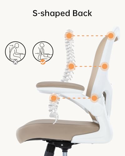 Ergonomic Office Chair with PU Cushion and Lumbar Support, Adjustable Height Executive Chair with Flip-Up Armrests, Comfortable Wide Seat Task Chair for Home Office, Study, or Workstation(Khaki) - Image 4