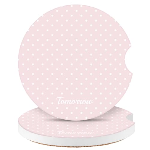 Watbro Cute Fashion Polka Dot Car Coasters 2 Pack for Cup Holders 2.56 Inch Finger Notch Retro 70s Style Ceramics Heat Resistant Anti Slip Cork Base Car Drinks Coasters Auto Accessories-Pink
