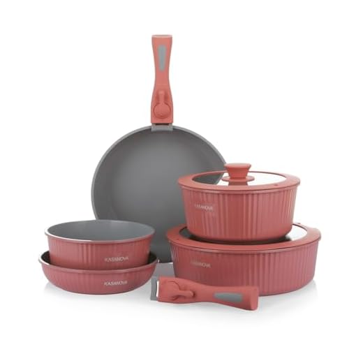 KASANOVA Batteria pentole 9 pezzi Eaziclip, Set pentole induzione con rivestimento ceramico e manici staccabili per uso in forno, Batteria antiaderente con coperchi (Rosa)