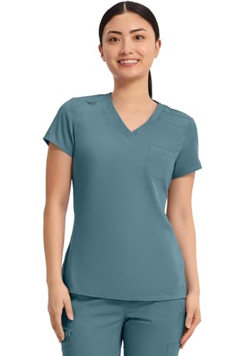 Image of Med Couture Women's V-Neck Scrub Top, Modern Fit Tuck-in Top with Stretchy Rib-Knit Shoulders and Chest Pocket - MC7448