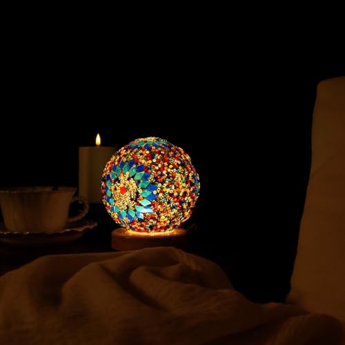 Turkish Table lamp (D:4.7" x H:5.2"),Mosaic Glass Lamps with Wooden Base, Bohemian Tiffany Bedside Lamps, USB Power Moroccan Lantern for Living Room Decorations (Boho - Blue, Boho)
