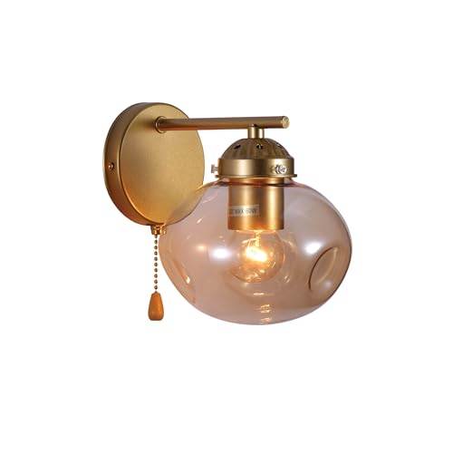 TEKLED myHome Amber Globe Glass Gold Metal Vintage Retro Wall Light | E27 Fitting and Pull Down Switch | for Bedrooms Living Rooms Study Rooms Cafes Bars Restaurants | (Bulb not Included)