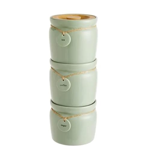 Bloomingtons Direct Set of 3 Kitchen Canisters Tea Coffee Sugar Ceramic Canisters with Pendent Labels and Wooden Top Lid Stackable Kitchen Storage Jars Set, Sage Air Tight Kitchen Canisters