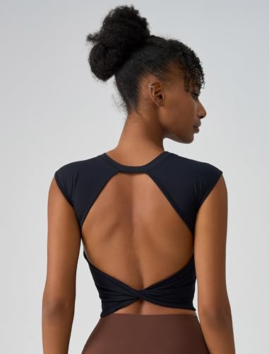 ABOCIW Workout Tops for Women Open Back Longline Sports Bras Athletic Crop Top Cap Sleeve Gym T Shirts with Built in Bra4