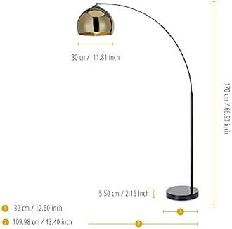 Teamson Home Arquer 170cm Arc Floor Lamp for Living Rooms, Home Offices, Dining Rooms, Bedrooms with Faux Black Marble Base and Gold Bell Shade