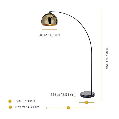 Teamson Home Arquer 170cm Arc Floor Lamp for Living Rooms, Home Offices, Dining Rooms, Bedrooms with Faux Black Marble Base and Gold Bell Shade