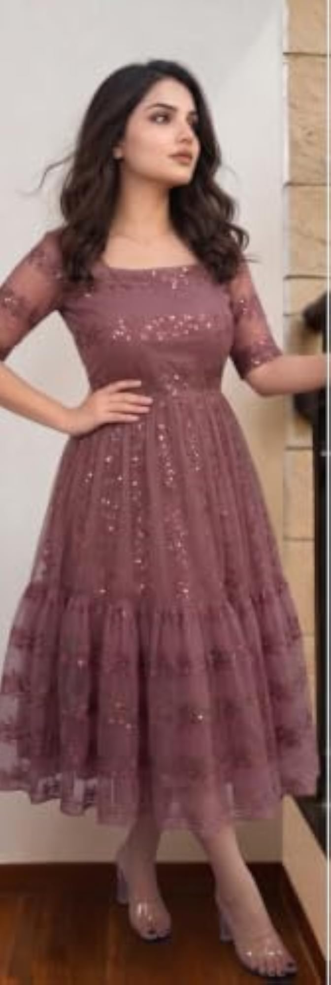 Women's Brown Net Embroidered A-Line Dress