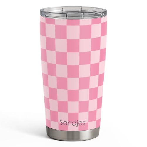SANDJEST Checkered Tumbler 20oz Stainless Steel Insulated, Checker Travel Coffee Cup, Bow Gifts for Women Girls Teen, Birthday Christmas (Pink)