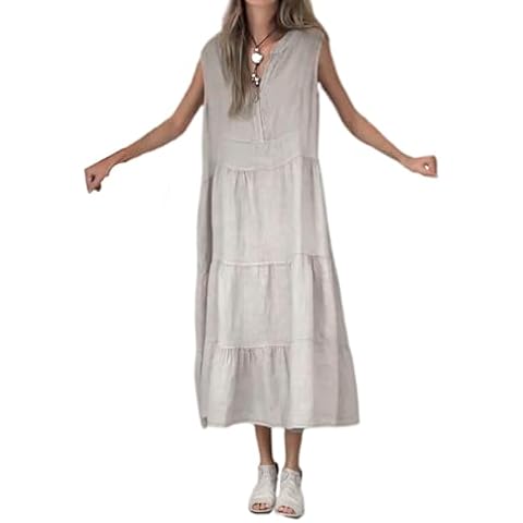 QANSI Cotton Linen Maxi Dress for Women Casual Sleeveless Button V-Neck Flowy Tiered Ruffle Long Dress Khaki S Cover