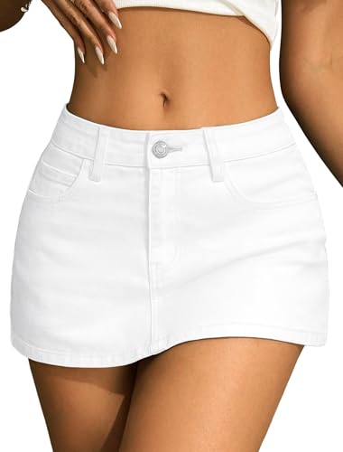 IWD Denim Mini Skirt for Women Low Rise High Stretch Jean Skirt with Shorts Underneath Y2k Jean Micro Skort White Small