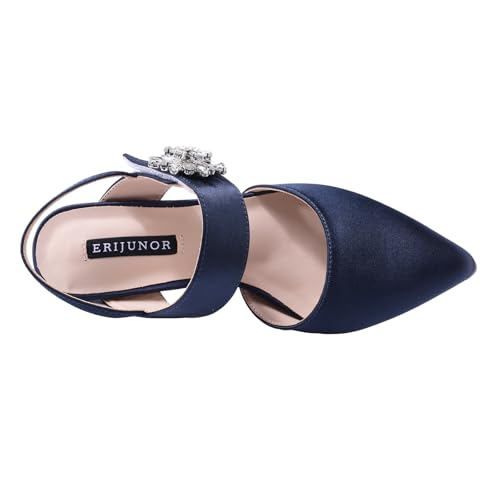 Image of ERIJUNOR Mid Heel Shoes for Women Pointed Toe Slingback Rhinestone Brooch Satin Dress Pumps Evening Prom Wedding Shoes