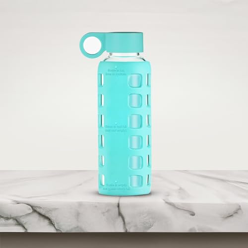 purifyou 40/32/22/12 oz Glass Water Bottles, Reusable with Time & Volume Markings, Non-Slip Silicone Sleeve, Stainless Steel Lid, for Water, Milk & Juice (12oz OceanMist)