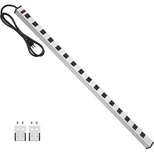 JUNNUJ Long Metal 16 Outlet Power Strip Wide Spaced Garage Industrial Heavy Duty Power Strip with 4 FT Cord 15A 125V 1875W-Silver
