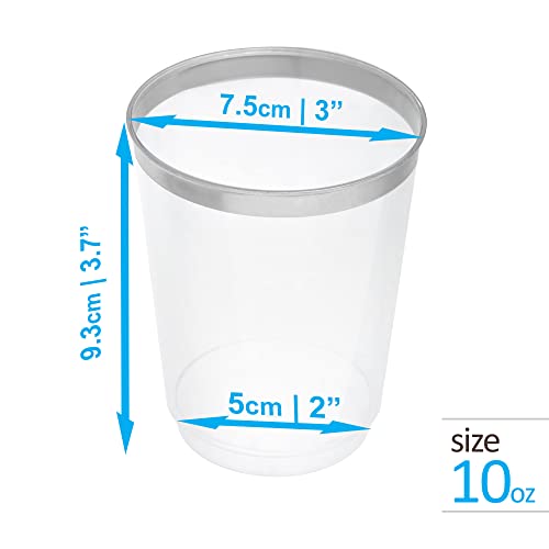 STACKABLES Crystal Clear Hard Plastic Cups with Elegant Silver Rim 50-Pack 10oz - Reusable Tumblers for Parties, Weddings, and Christmas Celebrations - Premium Quality Glassware