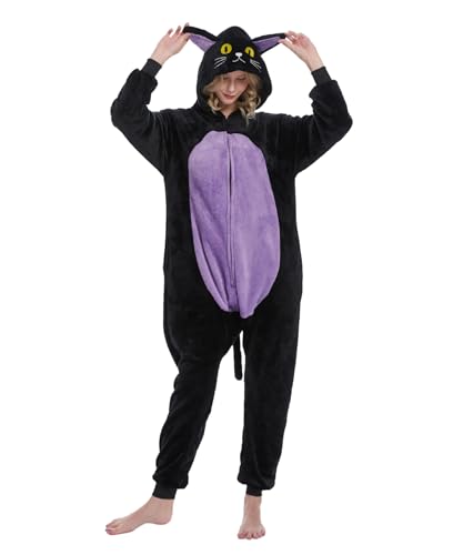 Solvienne Adult Cat Animal Onesie Zip Up Flannel One Piece Pajamas with Pockets for Men and Women Halloween Costume Cosplay Loungewear