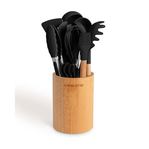 CREATE/Set d'utensiles de cuisine Noir et bois / 11 Utensiles de cuisine en silicone et bois hêtre naturel, sans BPA, jusqu'à 230°C