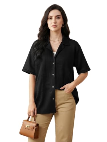 Image of Leriya Fashion Shirts for Women | Cuban Collar Textured Half Sleeve Button-Down Casual Shirt | Relaxed Fit Shirt Everyday Office Wear & Vacation Wear