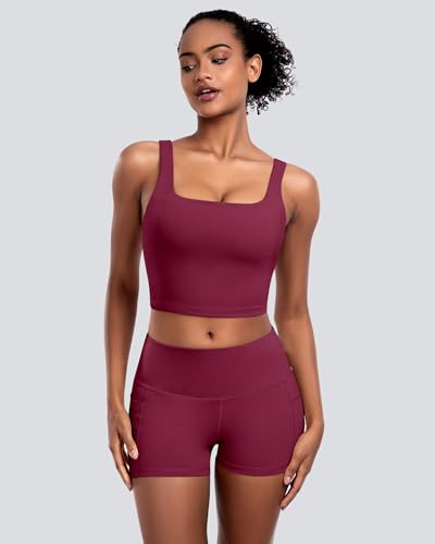 Womens Sports Bras 5 Packs - Square Neck Longline Workout Crop Tank Tops Padded Yoga Camisole with Built in Pads3