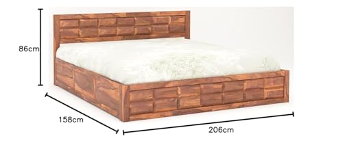 Image of STRATA FURNITURE Solid Sheesham Wood Queen Size Bed with Box Storage | Wooden Double Bed Cot Palang Furniture for Bedroom Living Room Home (Honey Finish)