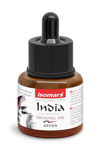 Image of Isomars Waterproof Drawing Ink with Dropper - 35ml | India Ink for Calligraphy, Art, Technical Drawing | Fade-Resistant & Quick-Drying (Brown)