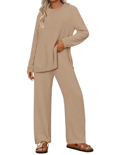 NENONA Women's Cozy Fuzzy Fleece Lounge Sets 2 Piece Loungewear Fall Outfits Sweaters and Knit Pants Matching Sets(Camel, S)