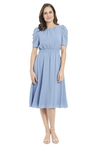 Image of London Times Women's Caterpillar Puff Sleeve Midi Dress - Gathered Waist A-Line Flowy Summer Dress