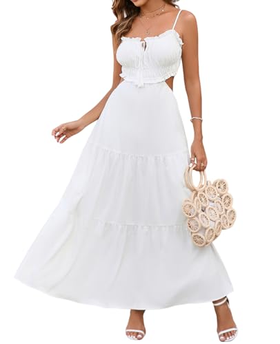 XinFSh Women's Summer Spaghetti Maxi Dress Boho Backless Milkmaid Cutout Dresses Casual Flowy Long Beach Vacation Sundress