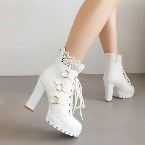 BEAUPAS Women's Gothic Platform Ankle Boots Lace-up Combat Boots with Gold Rings High Chunky Heel3