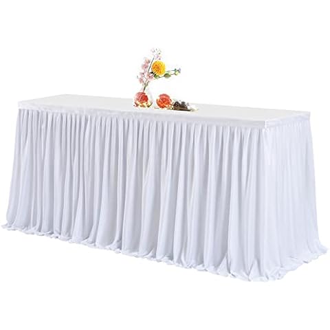 Partisky White Polyester Table Skirt for Rectangle Tables 6ft, Tutu Pleated Ruffle Table Skirt Cloth for Birthday Party Banquet Wedding Trade Baby Shower Display Cover