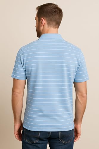 Image of WILD ELEPHANT Men Striped Polo T-Shirt | Cotton Short Sleeve Polo Neck with Button | Chest Pocket Casual Wear