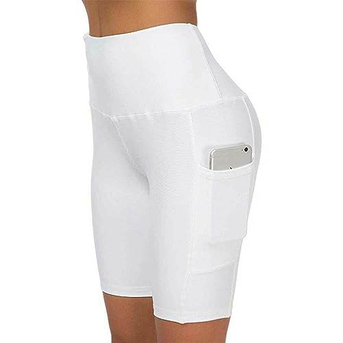 Boolavard Pantalones Cortos Mujer con Bolsillos - Pantalones Cortos de Talle Alto con Control de Barriga para Entrenamiento, Yoga, Correr, Gimnasio (XXL, Blanco)
