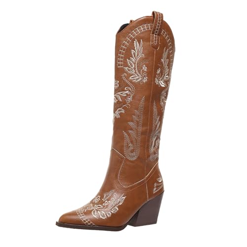 Hamesk Cowboy Boots for Women Wide Calf Cowgirl Boots Embroidered Western Pointed Toe Chunky Heel Pull On Knee High Retro Tall Boot Ladies Boots US5-11, Brown, 10