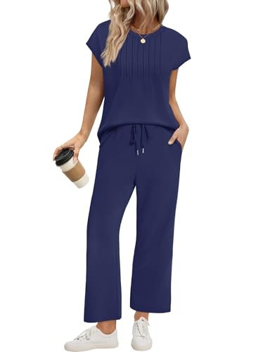 Image of Sampeel Two Piece Sets for Women Summer Vacation Outfits Cap Sleeve Tops Lounge Matching Sets Women Clothing