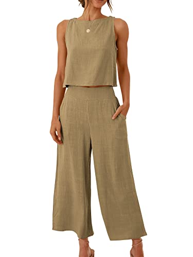 Image of ANRABESS Women's Summer 2 Piece Outfits Sleeveless Tank Crop Button Back Top Cropped Wide Leg Pants Set Pockets