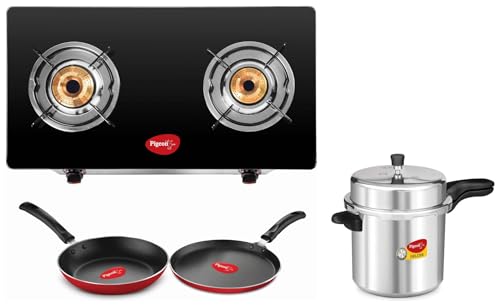 Image of Pigeon by Stovekraft 106 Deluxe Outer Lid Pressure Cooker, 12 Litres,Silver & Pigeon by Stovekraft 2 Burner Glass Cook Top Gas Stove (Manual Ignition), Cookware Combo (Black, 240mm, 250mm, 14722)