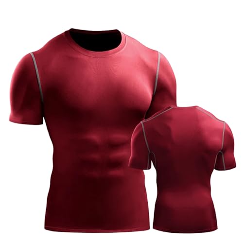 Men's Compression Shirts Short Sleeve Athletic Workout T-Shirt Running Tops Cool Dry Active Gym Undershirt(Red, L)