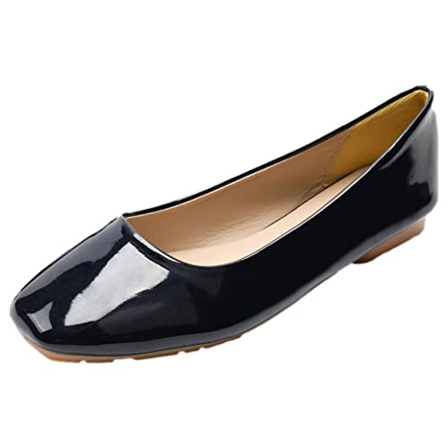 ANUFER Femmes Ballerines Bout Carré Cuir Microfibre Glisser Escarpins Habillés Chaussures Bleu Marine Brevet SN0707127 EU38.5