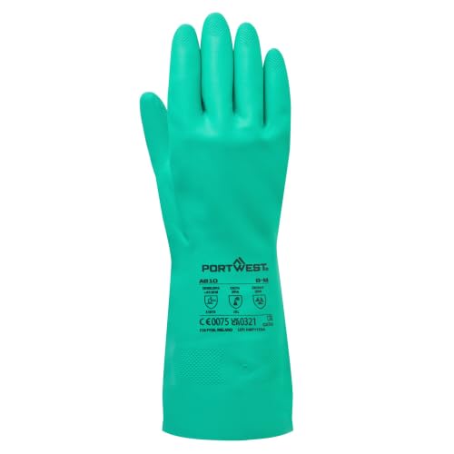 Image of Portwest A810 Chem 320 Nitrile Gauntlet Chemical Resistant Gloves Long Cuff Flock Lined Rubber Gauntlets Oil Fuel Acid Alkali Resistant Mens Work Safety Gloves Industrial Chemical Handling, Green, M