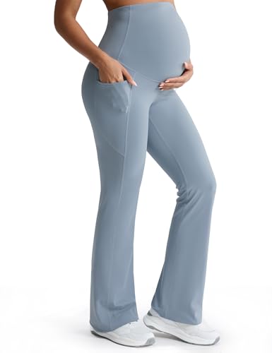 Image of Mama Land Buttery Soft Maternity Flare Leggings Over The Belly 29"/32"/34" - Workout Yoga Pregnancy Pants with Pockets