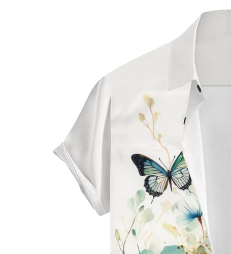 Image of ZEKU Men's Butterfly Floral Print Cotton Blend Short Sleeve Casual Shirt, Regular Fit, White