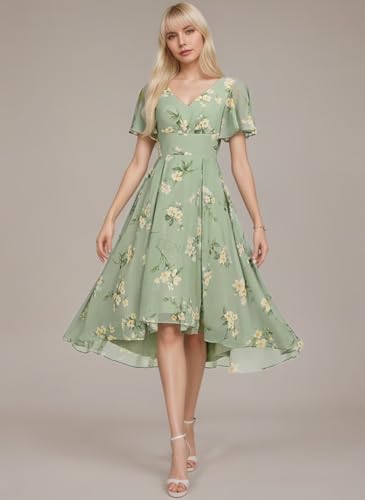 Tea Length Bridesmaid Dresses for Wedding V Neck Short Sleeve Formal Dresses for Women2