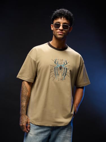 Buy The Souled Store Spider-Man: Apex Web Men and Boys Short Sleeves Round Neck Tan Graphic Printed Cotton Oversized Drop Shoulder Breathable Comfortable Streetwear T-Shirts at Amazon.in - Image 3