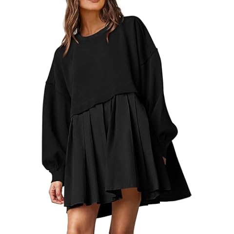 KINGFEN Womens Long Sleeve Patchwork Pullover Mini Dress （S-XXL） Black Small Cover